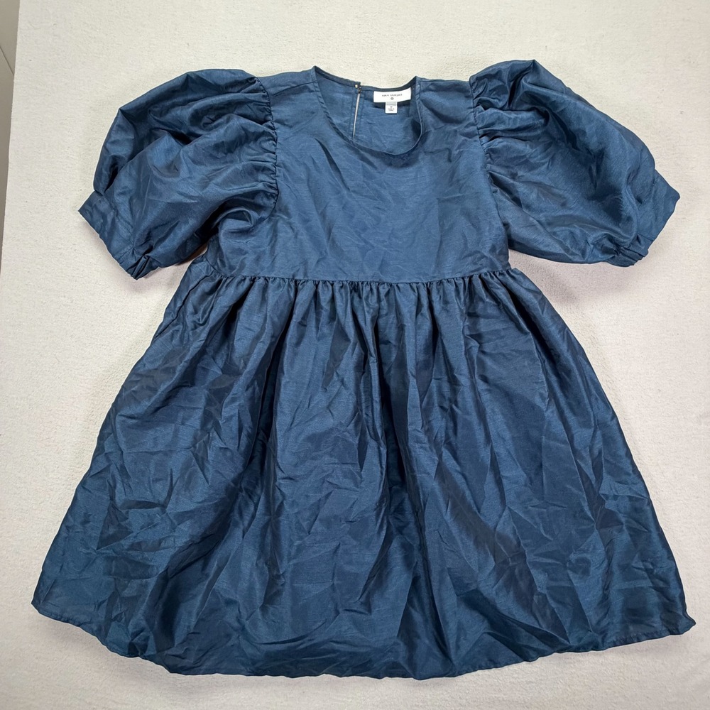 Kika Vargas Puff Sleeve Dress Womens Medium Good Navy Blue Babydoll Mini Taffeta